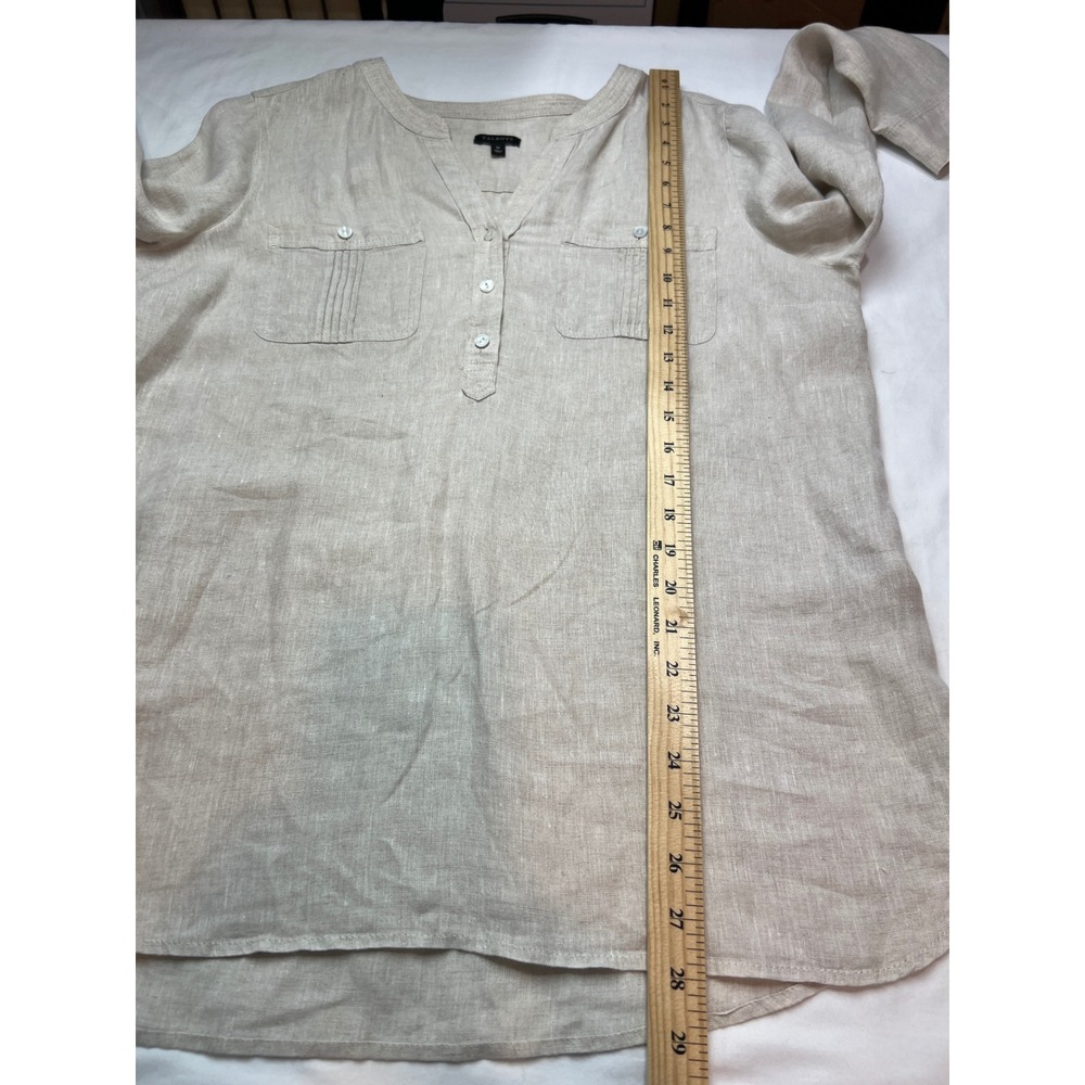 Talbots Linen Henley Blouse Women Size M‎ Beige Roll Tab Sleeve Pintuck F17 - Picture 5 of 13